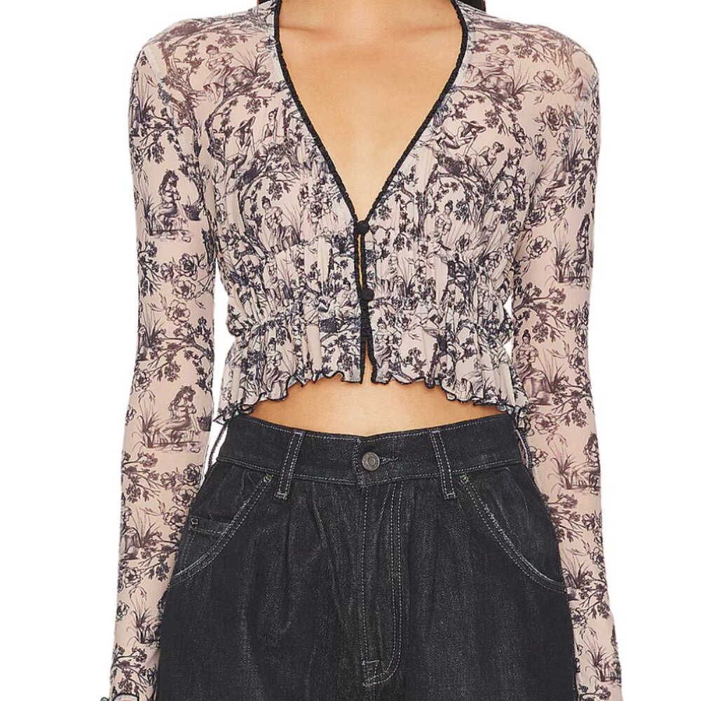 Only Hearts Ruched Floral Crop Cardigan Sheer Long Sleeve Balletcore w/ tags